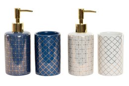 A set of 2 dolomite ABS soap dispensers in a white and blue geometric pattern, measuring 8x7x17.5 cm.