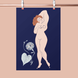 A stylized wall art print featuring a nude female figure with flowing hair and a large abstract flower on a dark blue background.