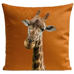 Plush giraffe cushion in orange and rouille colors, available in 40x40cm and 60x60cm sizes.