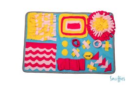 Colorful, textured pet toy with various shapes, textures, and patterns including circles, waves, and flowers.