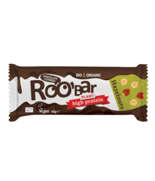 Hazelnut protein bar covered in chocolate, organic, from Roobar brand, 40g.
