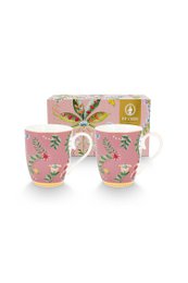 Set of 2 large pink mugs with floral pattern, each holding 350ml.