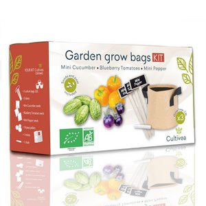 CULTIVEA® Grow Bag Kit – Bereit zum Anbau – 100 % ökologische und biologische französische Samen – Gemüsegarten (Gurke, Tomate, Paprika) – Geschenkidee