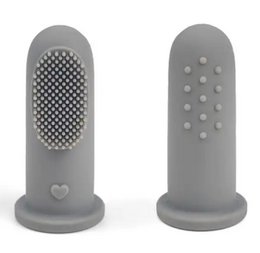 Gray silicone finger toothbrush for babies, 2 pieces per pack, designed for easy cleaning and gentle brushing.