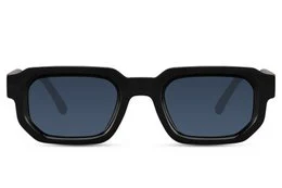 Black rectangular sunglasses with dark blue tinted lenses, bold chunky frame style, UV protection eyewear