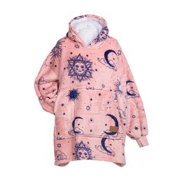 A cozy, oversized pink hoodie blanket with a celestial print featuring moons, stars, and suns. The blanket appears to be made of a soft, plush material and includes a matching pair of socks.