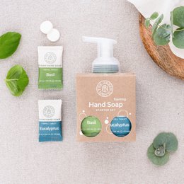 Hand soap tablets in eucalyptus and basil scents, with natural ingredients and minimal packaging.