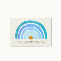 A cute little baby boy card with a colorful rainbow design. The card features shades of blue and green in a rainbow pattern, with a yellow sun in the center. The text on the card reads "It's a cute little Baby-Boy!"