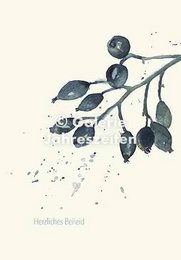  "Condolence card with rosehip branch illustration, dark blue botanical design, sympathy greeting card"