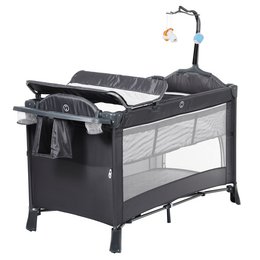 Beige and grey baby cot with storage compartments, adjustable mattress height, and mobile toy bar.