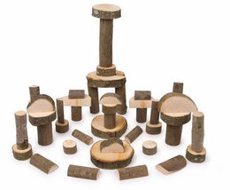  A 50-piece set of natural wooden building blocks in various shapes and sizes, suitable for educational and creative play.