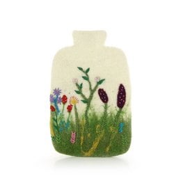 Felt hot water bottle sleeve with floral and nature-inspired design, available in various colors and patterns including sheep, bear, and flower motifs.