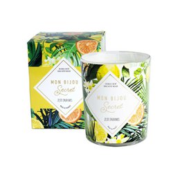 A silver-colored metal candle with a citrus zest scent, featuring a tropical leaf design on the packaging.