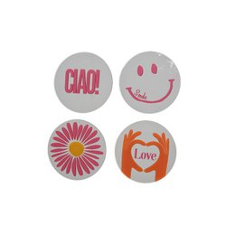  Small round glass mirrors with colorful prints: pink "Ciao" text, smiley face, flower pattern, heart with "Love" text.