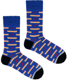 Blue socks with a repeating pattern of orange hot dog or corn dog shapes.