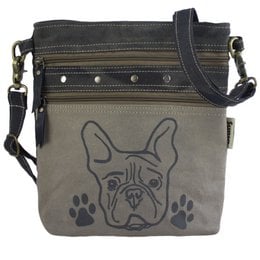 Olive green canvas shoulder bag with a dog motif and paw prints. Vintage style crossbody bag for women.