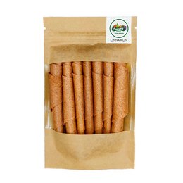 Cinnamon-flavored fruit snacks made from natural ingredients. The product features a warm, spicy aroma and a chewy texture.