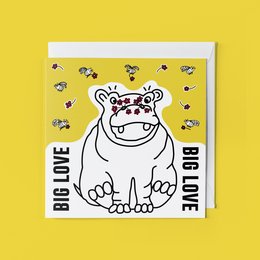 Whimsical animal greeting card with a big love message and a cute, cartoon-style hippo illustration. The card features a simple black and white design with a playful, hand-drawn style.