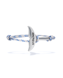  A white and blue charm bracelet featuring a whale tail charm. The bracelet has a nautical, ocean-inspired design.