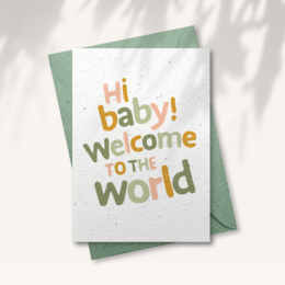 Greeting card with text "Hi baby! Welcome to the world" and a potted plant with seeds inside.
The greeting card features the text "Hi baby! Welcome to the world" in a playful, colorful font. The card is made of growing paper, which contains embedded seeds that can be planted. The card is placed in a terracotta pot, suggesting a nature-inspired, eco-friendly design. This product would be suitable for a baby shower or newborn celebration, with its welcoming message and sustainable, plantable elements.