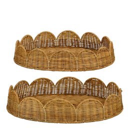 Light brown woven tray with scalloped edges, suitable for serving food or decor.