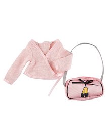 A pink, fuzzy jacket with a matching pink bag. The jacket has a crossover design and the bag has a penguin-shaped zipper pull.