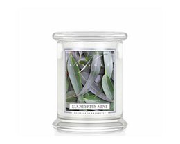 A medium-sized scented candle in a glass jar, featuring the aroma of eucalyptus and mint. The candle has a green and white color scheme.