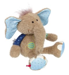 Plush elephant toy with blue accents, patchwork design, and polka dot pattern. Soft, cuddly, and suitable for children.