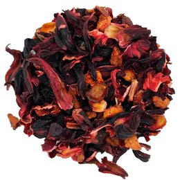 Organic fruit tea in a loose leaf pouch. Fruity and flavorful blend of dried fruits and herbs.