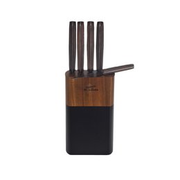 SOSL, Set de 5 Pièces, Ensemble Couteaux de Cuisine, Set Acier Inoxydable, Titane, avec Bloc en Bois d'Acacia, Couteaux de Chef, Pain, Écumoire,Viande, Poisson, Lame Noire