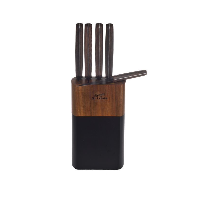 SOSL, Set de 5 Pièces, Ensemble Couteaux de Cuisine, Set Acier Inoxydable, Titane, avec Bloc en Bois d'Acacia, Couteaux de Chef, Pain, Écumoire,Viande, Poisson, Lame Noire
