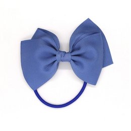 Medium-sized blue bow hair tie with elastic band. Suitable for kids' hairstyles.
