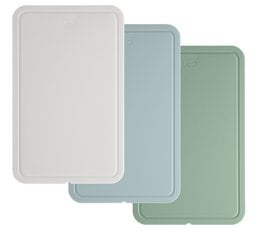 A set of 3 colorful cutting boards in various pastel shades, including white, light blue, and light green. The boards have a simple, minimalist design and are suitable for everyday kitchen use.