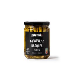 Pickled hot Basque peppers in a glass jar. The peppers are yellow and appear to be sliced or chopped. The jar has a black label with the brand name "Ederki" prominently displayed.