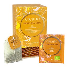  Organic turmeric chai tea bags. Contains 20 tea bags. Turmeric and chai spices provide a warm, earthy flavor.