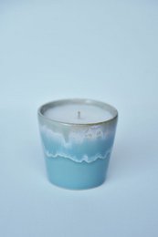  Aqua-colored 2-in-1 candle and espresso cup with a wavy design, perfect for scented candle lovers.