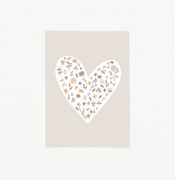 A heart-shaped postcard with a floral pattern, featuring various flowers and leaves in warm colors. This birthday card would be suitable for a variety of occasions.