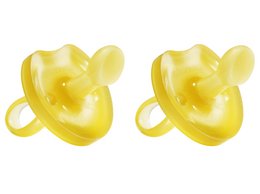 Two yellow anatomical pacifiers with butterfly designs. Made of natural rubber material.