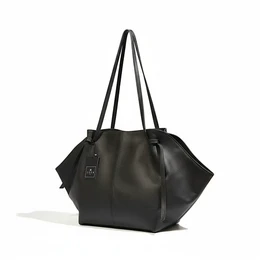  Black leather tote bag, geometric shape, dual handles, Italian crafted handbag