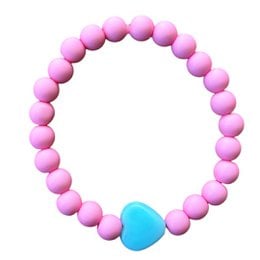 Pink and light blue beaded bracelet with heart charm, round beads, kids jewelry, love design.