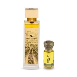 Luxury perfume gift set, golden yellow liquid, ornate label design, two bottles, elegant packaging.