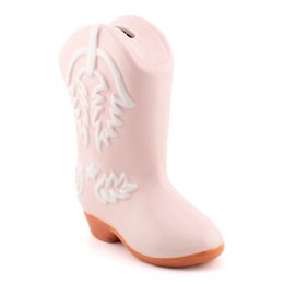 Pink cowboy boot piggy saver with western embroidered details and tan heel
