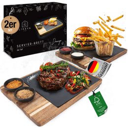  Large wooden serving board with slate plates, burgers, fries, and sauces. Wooden serving board with slate plates, burgers, fries, and sauces. The serving board is made of FSC-certified acacia wood and includes two slate plates for sauces or dips.