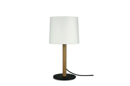 Tall, cylindrical floor lamp with a white fabric shade and a black metal base.