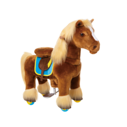  "A plush brown horse riding toy with blue and yellow accents, suitable for children ages 3-4. The toy features a soft, furry body and realistic details."
