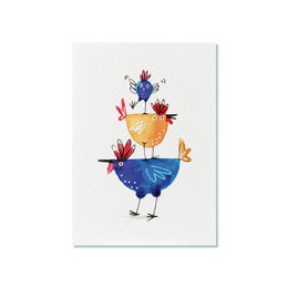 Colorful illustration of two chickens on a postcard.
