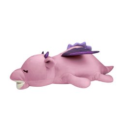  Large, plush dragon-themed stuffed animal in pink and purple colors with a horn and wings.