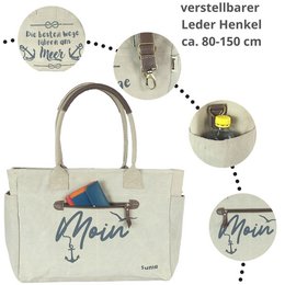 Sunsa grote dameshandtas. XXL tas gemaakt van canvas en leer. Strandtas/weekendtas in maritiem motief.