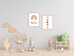 A colorful poster featuring a whimsical rainbow design with the text "Believe in Magic". The poster has a warm, earthy color palette and includes decorative elements like stars and a crescent moon. This poster would be suitable for a child's bedroom or playroom, creating a magical and imaginative atmosphere.