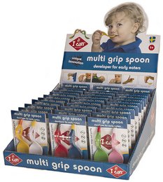 Colorful plastic spoons with multi-grip design for easy handling by young children. Includes a variety of bright colors like white/yellow, green/pink, and blue/red.